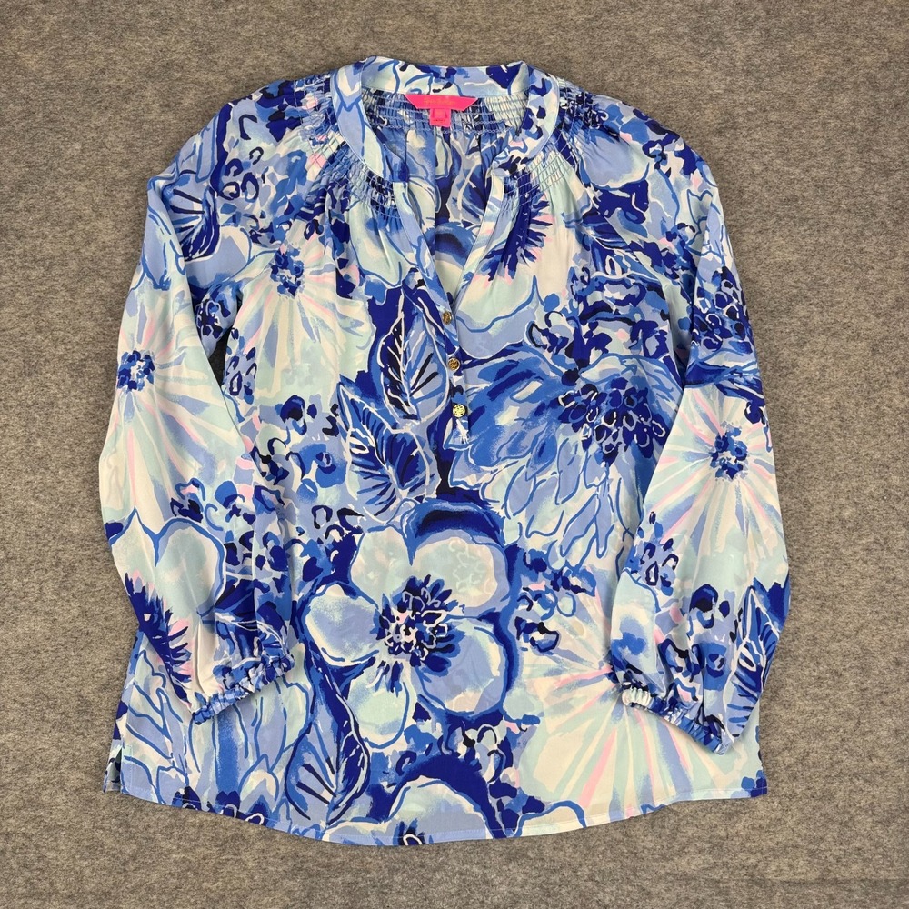 Lilly‎ Pulitzer Elsa Silk Blouse Long Sleeve Floral Blue Womens XS